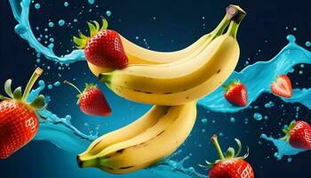 Bananas  strawberries and bananas in blue water on a blue background photo