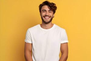 Young man wearing bella canvas white shirt mockup, at yellow background. Design tshirt template, print presentation mock-up. AI generated. photo