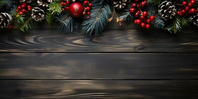 Navidad plano laico Bosquejo con pino árbol sucursales, rojo bayas y conos en oscuro de madera antecedentes con Copiar espacio. parte superior ver de invierno fiesta concepto composición. foto