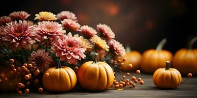Festive autumn decoration with pumpkins, flowers and fall leaves. Thanksgiving day or Halloween banner concept. photo