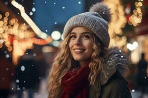 joven mujer en Navidad mercado con Nevado clima, disfruta invierno fiesta clima. ai generado foto