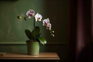 Beautiful tropical pink phalaenopsis orchid in a pot on a chest of drawers, in an interior with green wall, dark background. Copy space. Ai generated. photo