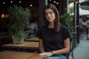 Young brunette woman wearing bella canvas black t shirt and jeans, at a cozy restaurant on summers day. Design tshirt template, print presentation mockup. Ai generated. photo