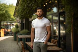 Young man wearing bella canvas white t shirt and jeans, at a cozy restaurant on summers day. Design tshirt template, print presentation mockup. Ai generated. photo