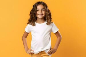 Female child, girl wearing bella canvas white shirt mockup, at yellow background. Design tshirt template, print presentation mock-up. AI generated. photo