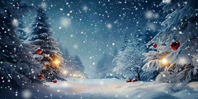 Winter snow evening landscape with decorated christmas trees in the forest. photo
