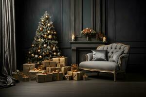 Beautiful christmas tree with decoration in cozy room interior with fireplace, candles and gift boxes. AI generated photo