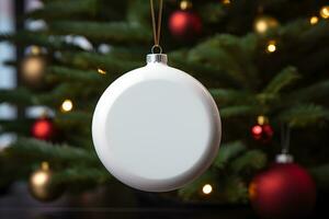 Christmas white glossy round bauble ornament on christmas tree with decoration and blurred bokeh lights background. photo