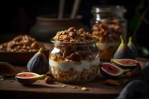 Yogurt granola parfait with sliced nuts and fresh figs fruits in a glass jar on dark background. Generative AI. photo