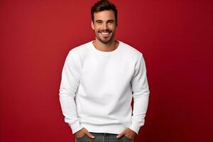 Young man wearing white sweatshirt mockup, at red background. Design pullover template, print presentation mock-up. AI generated. photo
