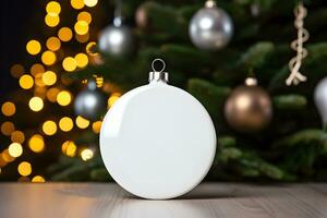 Christmas white glossy round bauble ornament on wooden table with christmas tree decoration and blurred bokeh lights background. AI generated photo