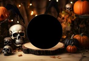 Halloween round sign mockup with pumpkins, skulls and fallen leaves on dark background. Black board with autumn holiday decoration with copy space. Generated AI. photo