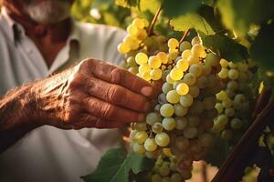 Close up of farmer male hands picking white grape. Organic fruits, harvesting and farming concept. Generated AI. photo