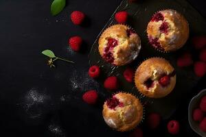 Raspberry muffins with fresh raspberries on a table, close up, dark background. Top view. A delicious dessert or breakfast. AI generated. photo