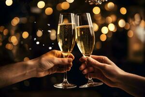 Hands of young couple holding champagne glasses on festive gold glowing bokeh background. Celebration background with sparkling wine. photo