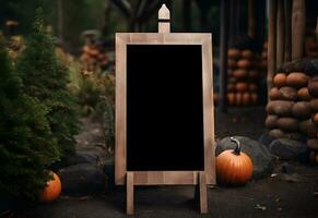 Halloween welcome signboard mockup with pumpkins in the garden. Black board with autumn holiday decoration with copy space. Generated AI. photo