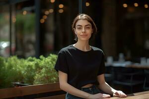 Young woman wearing bella canvas black t shirt and jeans, at a cozy restaurant on summers day. Design tshirt template, print presentation mockup. Ai generated. photo