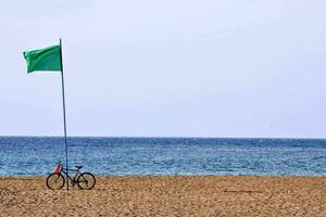 a bicycle is parked on the beach with a green flag photo