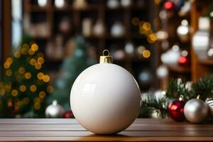 Christmas white glossy round bauble ornament on wooden table with christmas tree decoration and blurred bokeh lights background. photo