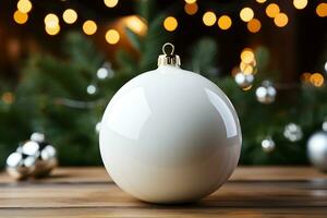 Christmas white glossy round bauble ornament on wooden table with christmas tree decoration and blurred bokeh lights background. AI generated photo