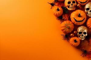 Happy halloween flat lay mockup with pumpkins, spiders and skulls on orange background. Autumn holiday concept composition. Top view with copy space. Generated AI. photo