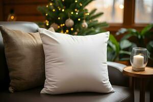 Blank white pillow mockup on black leather sofa with christmas tree and lights bokeh background. Holiday template composition with decoration. Copy space. photo