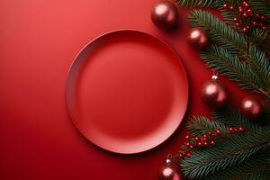 Navidad redondo blanco plato Bosquejo con pino árbol ramas y decoración en rojo antecedentes. parte superior ver de vacío letrero plano laico con decoración y Copiar espacio. foto