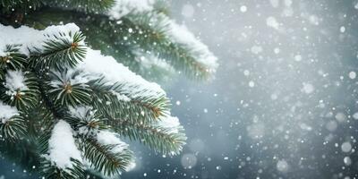 cerca arriba antecedentes de abeto árbol ramas con nieve. Navidad o invierno bandera con Copiar espacio. ai generado foto