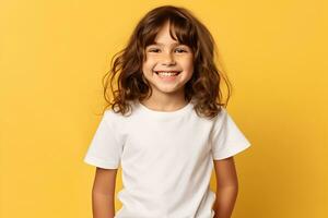 Female child, girl wearing bella canvas white shirt mockup, at yellow background. Design tshirt template, print presentation mock-up. AI generated. photo