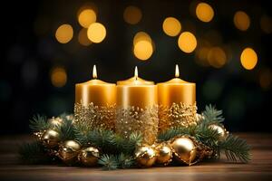 Four gold burning candles with ornament for german advent season. Christmas wreath decoration on dark background. photo