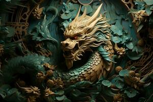 Chinese green and gold wooden texture dragon statue with flowers. Asian culture symbol of 2024 new year concept. photo