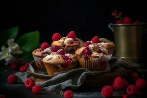 Raspberry muffins with fresh raspberries on a table, close up, dark background. A delicious dessert or breakfast. AI generated. photo