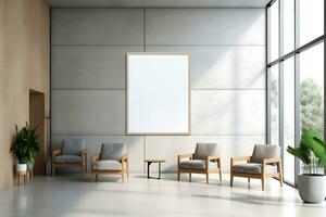 Rectangular frame poster mockup, on light concrete wall in the waiting room of the hospital with modern scandinavian style furniture and big window, loft interior decoration. Generated AI. photo