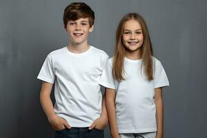 Male and female child, boy and girl, siblings wearing bella canvas white shirt mockup, at dark gray background. Design tshirt template, print presentation mock-up. AI generated. photo