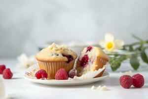 Raspberry muffins with fresh raspberries on a white table, close up, light background. A delicious dessert or breakfast. AI generated. photo