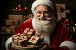 contento Papa Noel claus con Navidad regalo cajas en el manos en oscuro antecedentes. foto