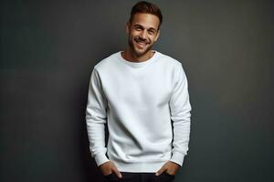 joven hombre vistiendo blanco camisa de entrenamiento Bosquejo, a oscuro antecedentes. diseño pull-over plantilla, impresión presentación Bosquejo. ai generado. foto