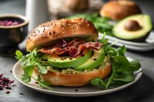 Fresh bagel with bacon, avocado and green salad on plate, close up on dark background. AI generated. photo