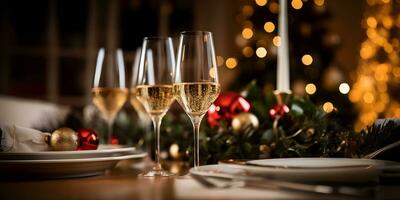 Champagne glasses on festive table with gold glowing bokeh background. Celebration background banner with sparkling wine. photo