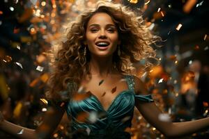 Young woman admires the festive confetti, close up portrait. Happy glamorous new years eve celebration, birthday or party concept. photo