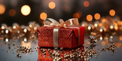 Christmas red gift box with decoration on blurred glowing lights background. Festive banner styled composition. photo