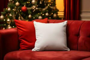 Blank white pillow mockup on red sofa with christmas tree and lights bokeh background. Holiday template composition with decoration. Copy space. photo