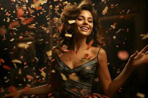 Young woman dancing under festive confetti, close up portrait. Happy glamorous new years eve celebration, birthday or party concept. photo