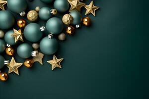 Christmas flat lay mockup with balls and gold stars decoration on dark green background with copy space. Top view of winter holiday concept composition. photo