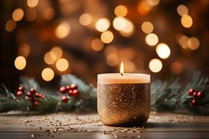 Christmas gold burning candle on festive sparkling background. First advent sunday tradition with xmas decoration and fir branches. Copy space. photo