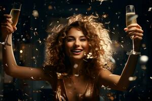 Close up portrait of young brunette woman with confetti and glass of champagne in the hand. Happy glamorous new years eve celebration, birthday or party concept. photo