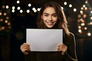 Young brunette woman holding a blank placard or empty paper sign banner in her hands, on dark festive background. Design poster template, print presentation mock-up. photo