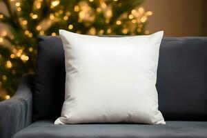 Blank white pillow mockup on black sofa with christmas tree and lights bokeh background. Holiday template composition with decoration. Copy space. photo