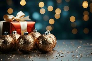 Christmas sparkling gold balls with glitter and red gift box on lights blurred background. Festive mockup banner with creative bauble decoration and copy space. photo