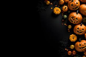 Happy halloween flat lay mockup with pumpkins and spider web on black background. Autumn holiday concept composition. Top view with copy space. Generated ai. photo